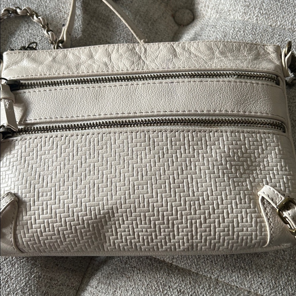 ELLIOT LUCCA LEATHER 3 ZIPPER DESIGN CREAM COLOR CROSSBODY BAG - Picture 6 of 16